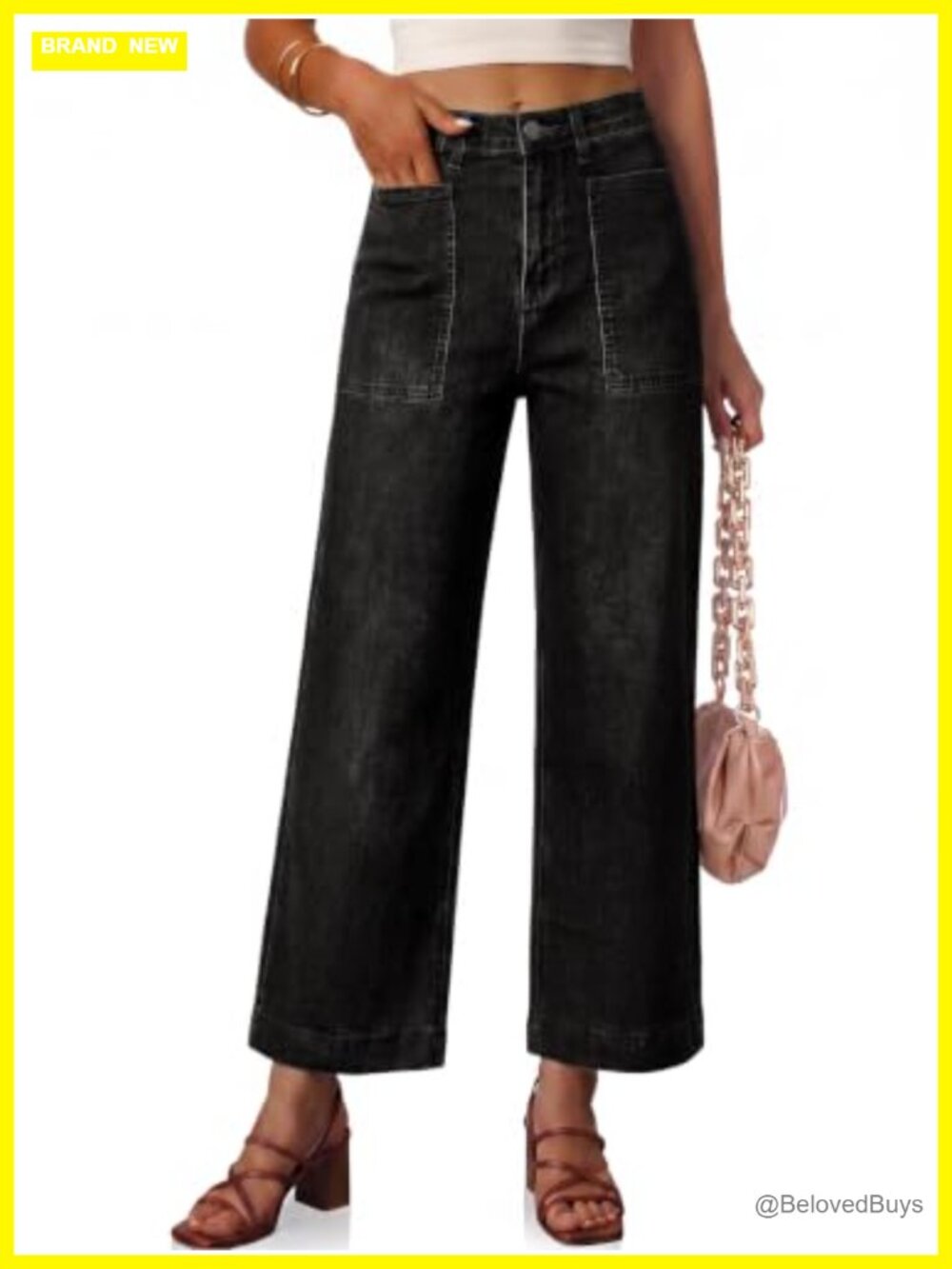Wide Leg High Waisted Cropped Jeans Stretch Denim Casual Pants